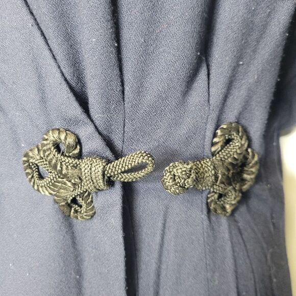 VINTAGE 80s dress navy blue chenille collar wrap maxi M - Picture 3 of 12